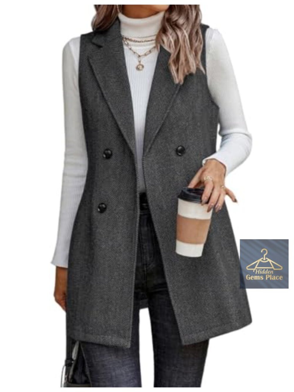 Women's Sleeveless Tweed Vest Blazer Jacket Notch Lapel Double Breasted
